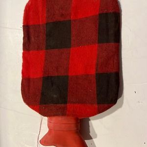 Vintage Hot Water Bottle with red black buffalo plaid cover